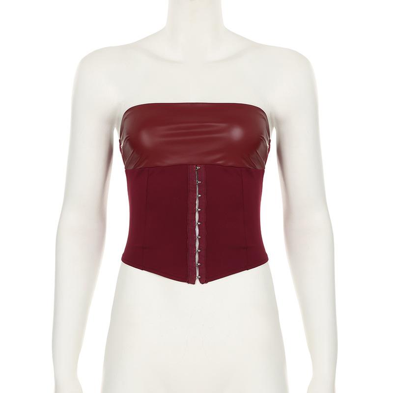 Corset à lacets en cuir PU avec boutons et haut tube solide 