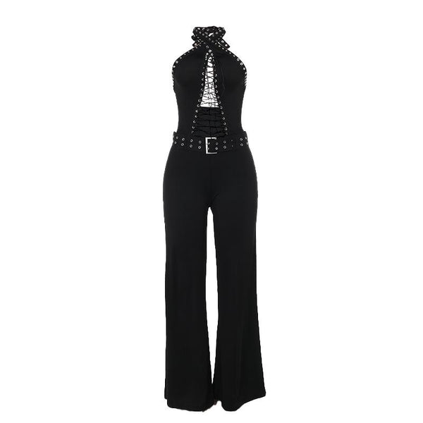 Mono con cuello halter, encaje, hueco, lazo en la espalda, sin espalda 