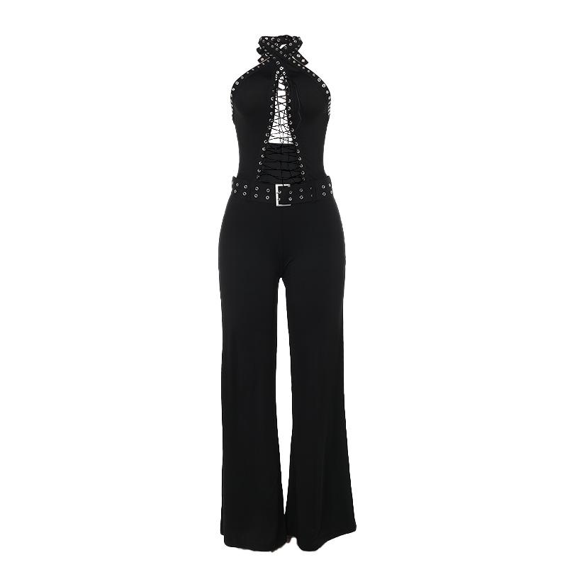 Mono con cuello halter, encaje, hueco, lazo en la espalda, sin espalda 