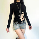 Long sleeve hollow out high neck irregular top