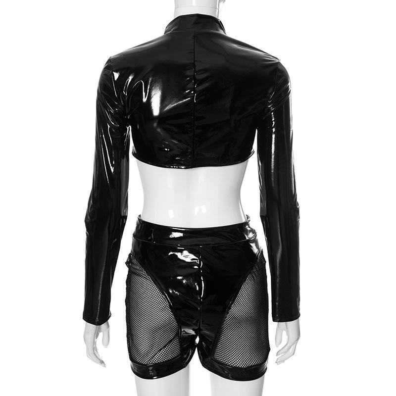 Ensemble pantalon à manches longues en cuir PU avec col retourné et fermeture éclair 