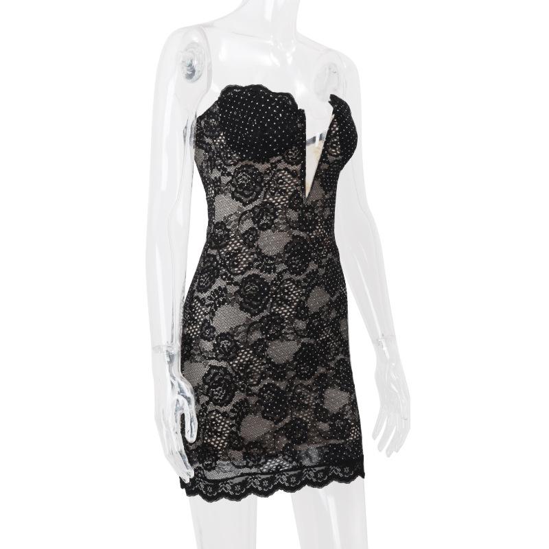 Lace hem beaded backless zip-up tube mini dress