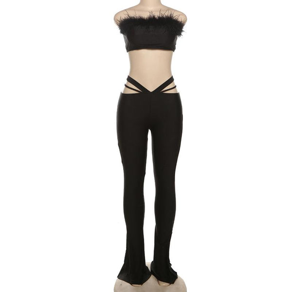 Ensemble pantalon tube uni taille basse ajouré en plumes 