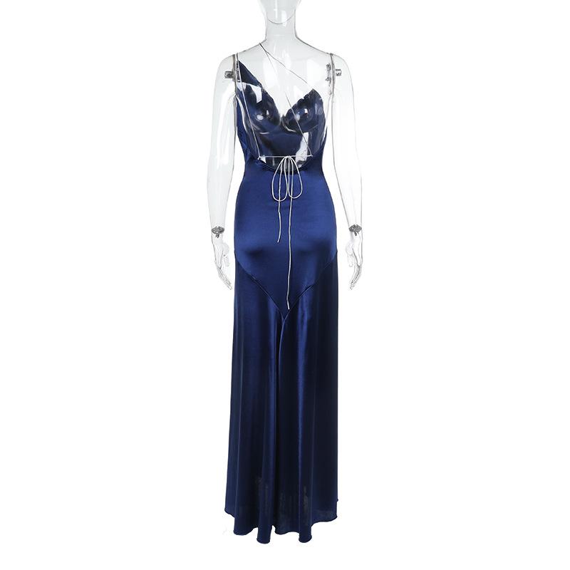 Irregular cowl neck self tie spaghetti strap maxi dress