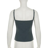 Square neck lace hem button ruched backless top