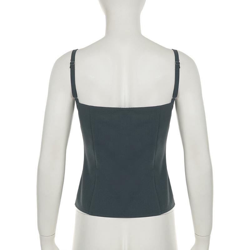 Square neck lace hem button ruched backless top