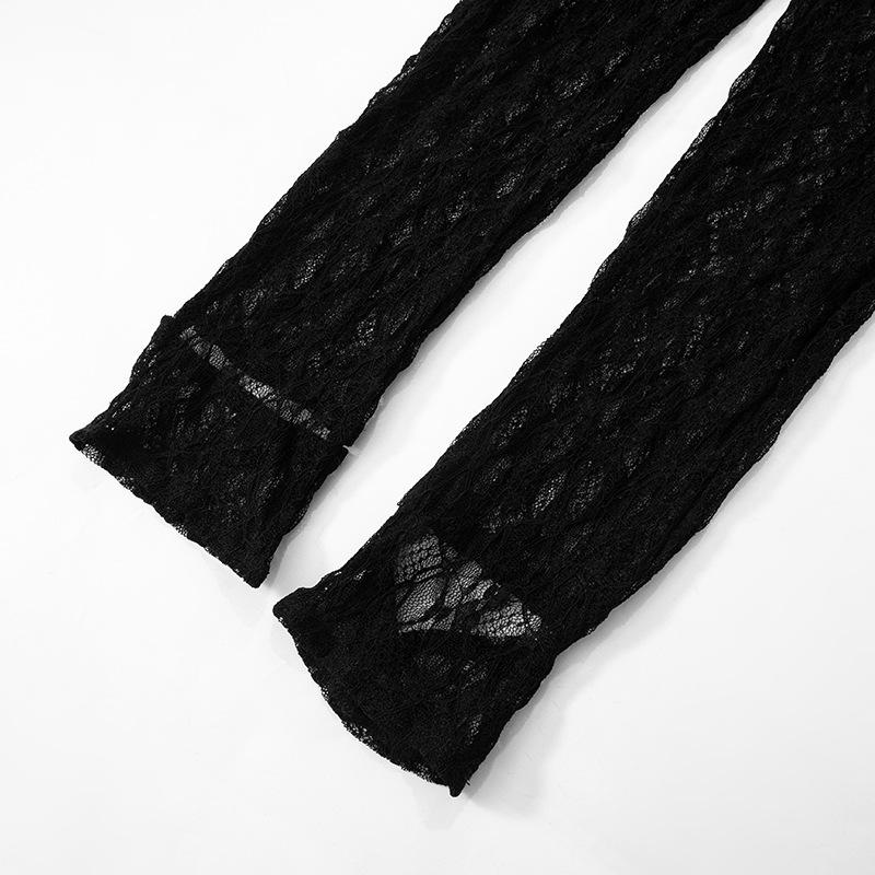 Long sleeve lace high neck zip-up see through jumpsuit