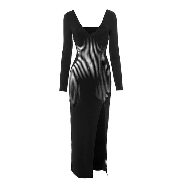 Robe longue fendue à manches longues et col en V profond avec imprimé dos nu 