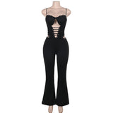 Hollow out lace hem v neck corset cami jumpsuit