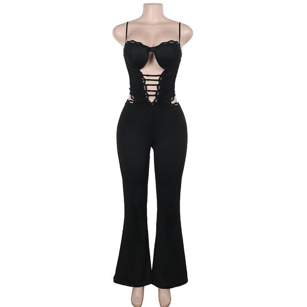 Hollow out lace hem v neck corset cami jumpsuit