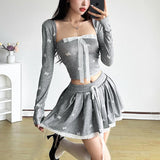 Drawstring lace hem bowknot print A line mini skirt