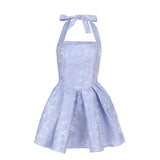 Vestido mini con cuello cuadrado fruncido y estampado halter 