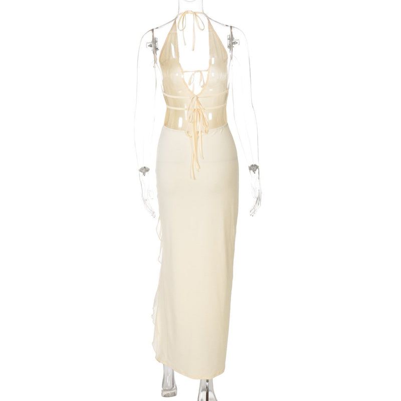 Robe longue unie à volants et col en V avec fente et lien à nouer 