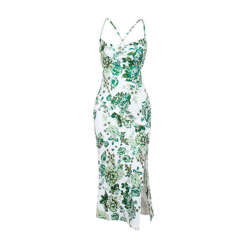 Robe midi à imprimé fleuri, dos croisé, col en U et fente 