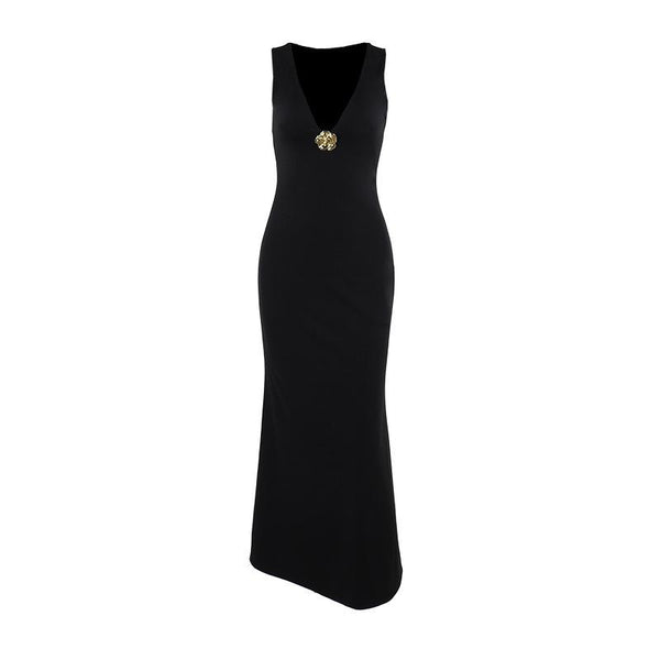 Robe longue unie à col en V profond et appliques florales 