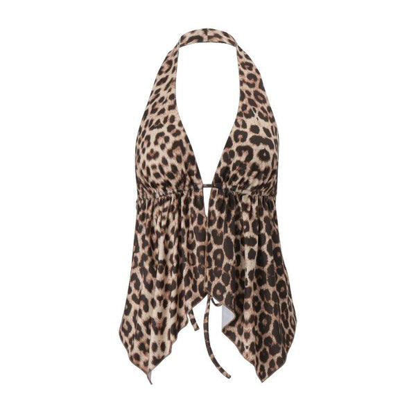 Top con cuello halter, espalda descubierta y lazo con estampado de leopardo 