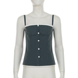 Square neck lace hem button ruched backless top