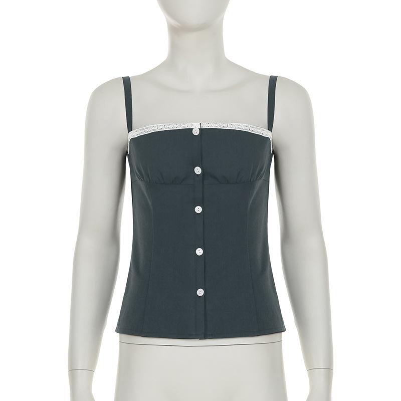 Square neck lace hem button ruched backless top
