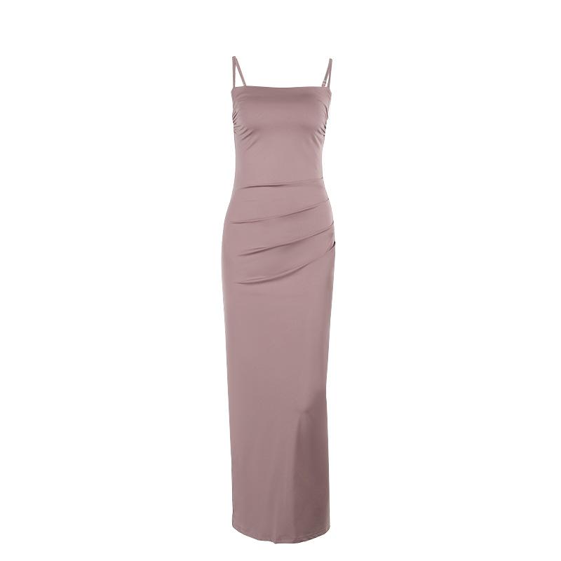 Robe longue à bretelles froncées et col carré uni 