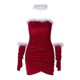 Vestido mini de tubo con espalda descubierta y guantes de plumas fruncidas 