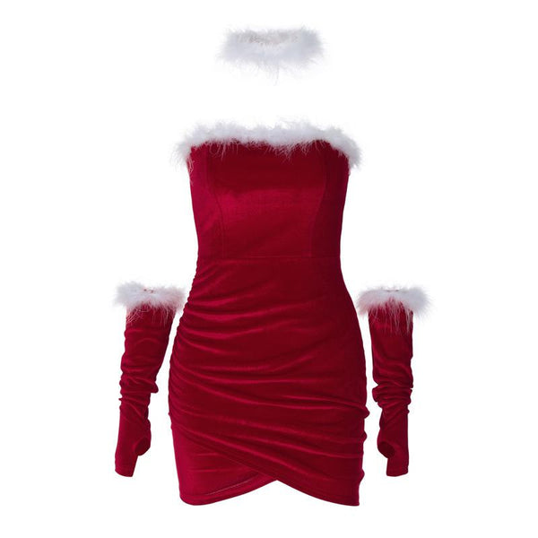 Robe mini tube dos nu avec gants en plumes froncés 