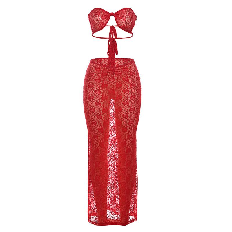 Conjunto de falda larga transparente con nudo fruncido y encaje anudado 