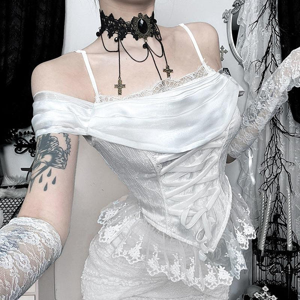 Haut caraco corset à lacets avec ourlet en dentelle et épaules dénudées 