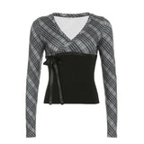Long sleeve striped print v neck bowknot ribbon top
