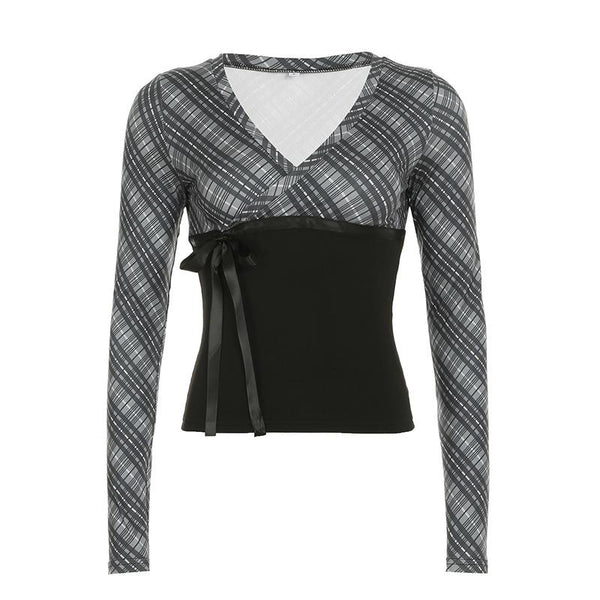 Long sleeve striped print v neck bowknot ribbon top