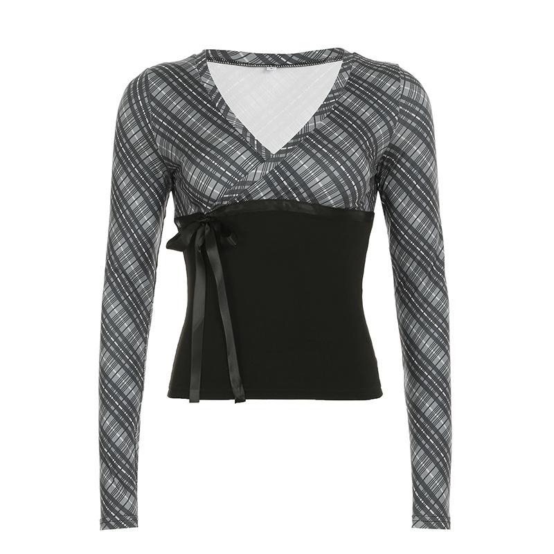 Long sleeve striped print v neck bowknot ribbon top