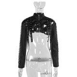 Top de manga larga con cremallera y apliques de remaches de cuero PU, calado 