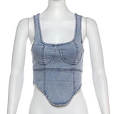 Denim square neck zip-up sleeveless tank top
