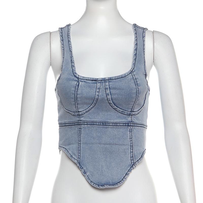 Denim square neck zip-up sleeveless tank top