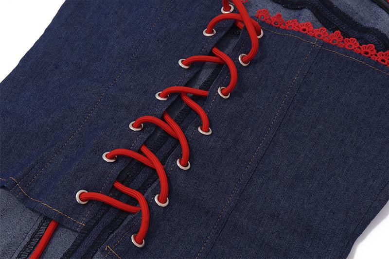 Haut tube en jean avec ourlet en dentelle et corset à lacets 