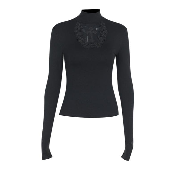 Long sleeve high neck cross pattern solid top