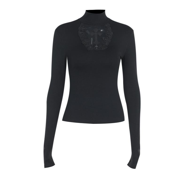 Long sleeve high neck cross pattern solid top