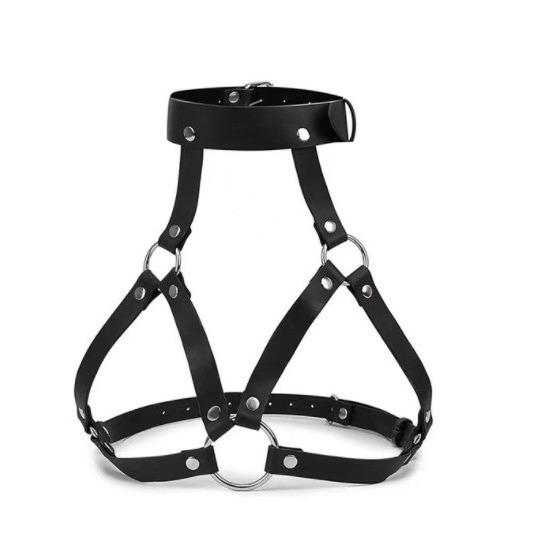 O ring halter PU leather metal chain harness top
