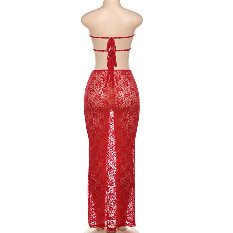 Conjunto de falda larga transparente con nudo fruncido y encaje anudado 