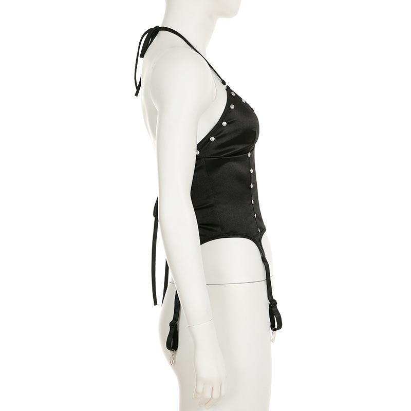 Top liso sin espalda, cuello en V y lazo tipo halter 