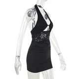 Halter self tie hollow out lace ruched mini dress