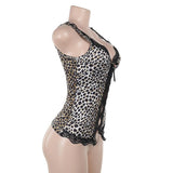 Top con escote en V calado y dobladillo de encaje con estampado de leopardo 