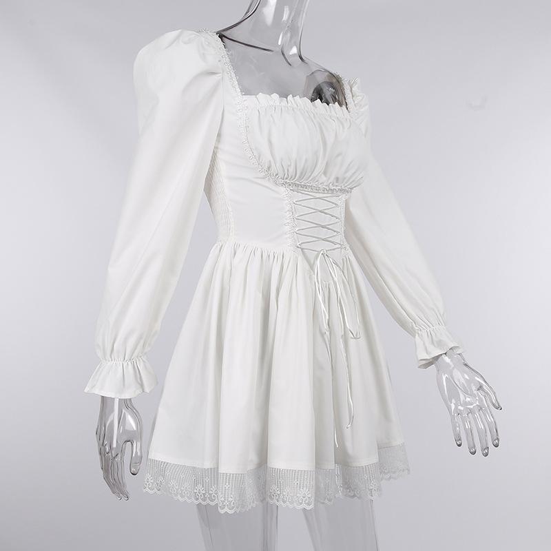Long sleeve smocked lace up lace hem mini dress