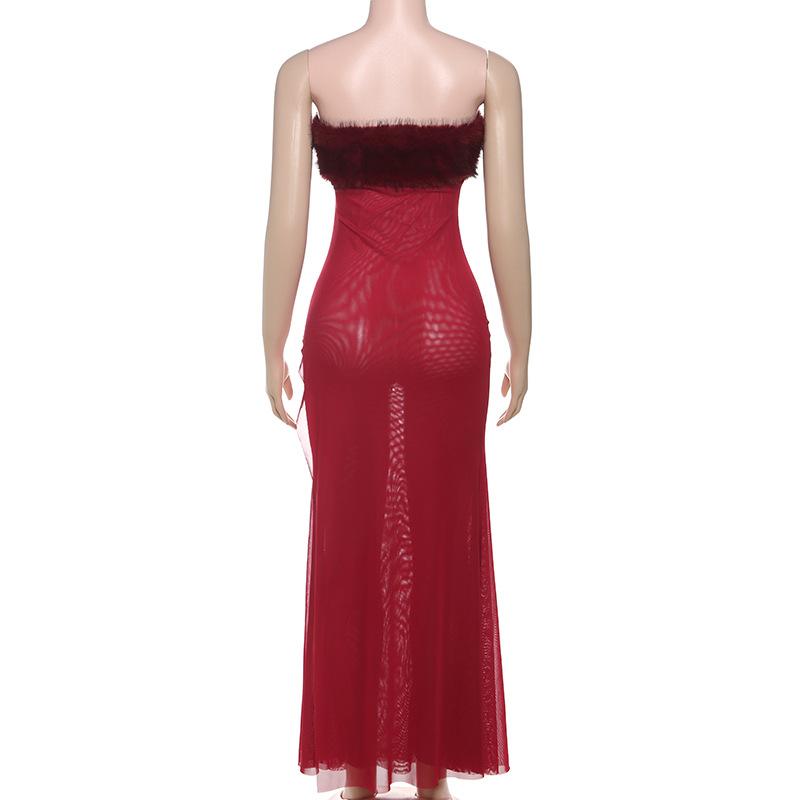 Fluffy patchwork mesh backless tube maxi dress