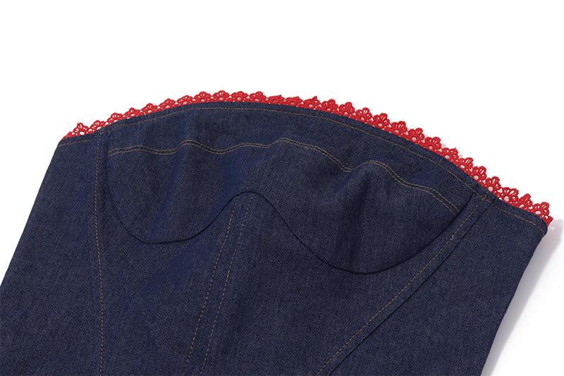 Haut tube en jean avec ourlet en dentelle et corset à lacets 