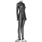 Long sleeve lace high neck zip-up see through jumpsuit