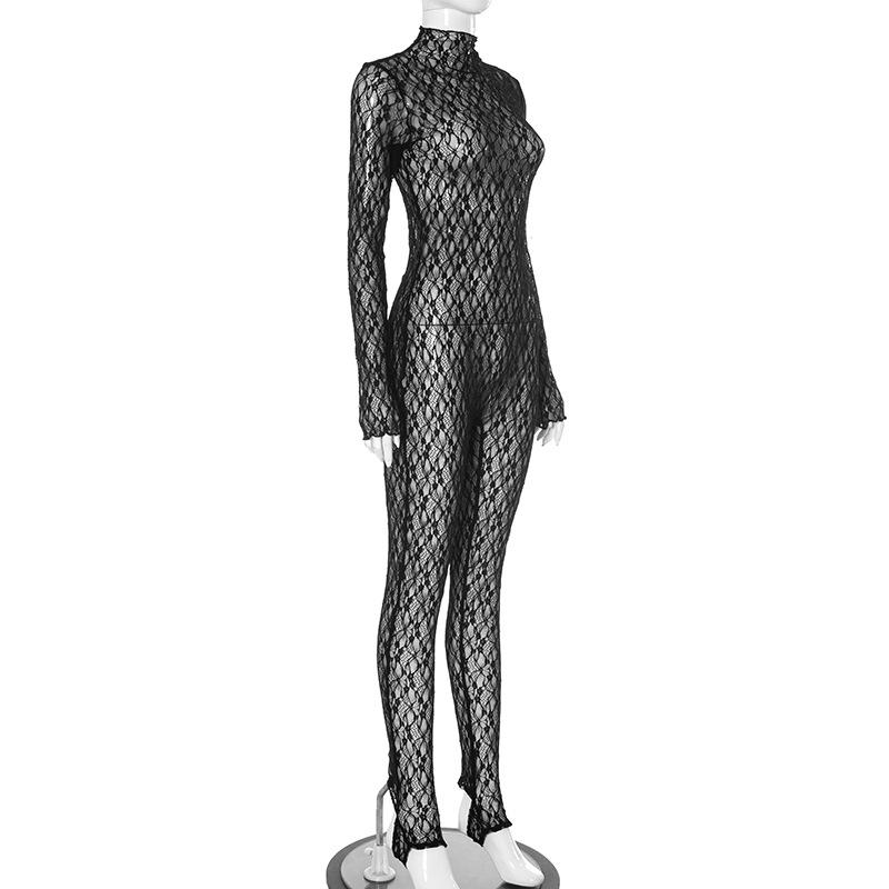 Long sleeve lace high neck zip-up see through jumpsuit
