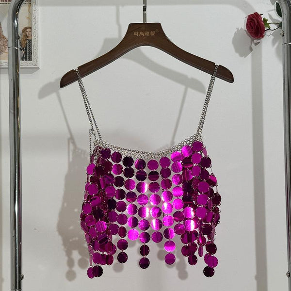 Top camisola con cuello cuadrado calado y cadena de metal brillante 