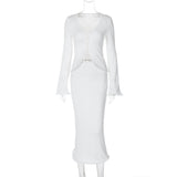 Long flared sleeve v neck button solid midi skirt set