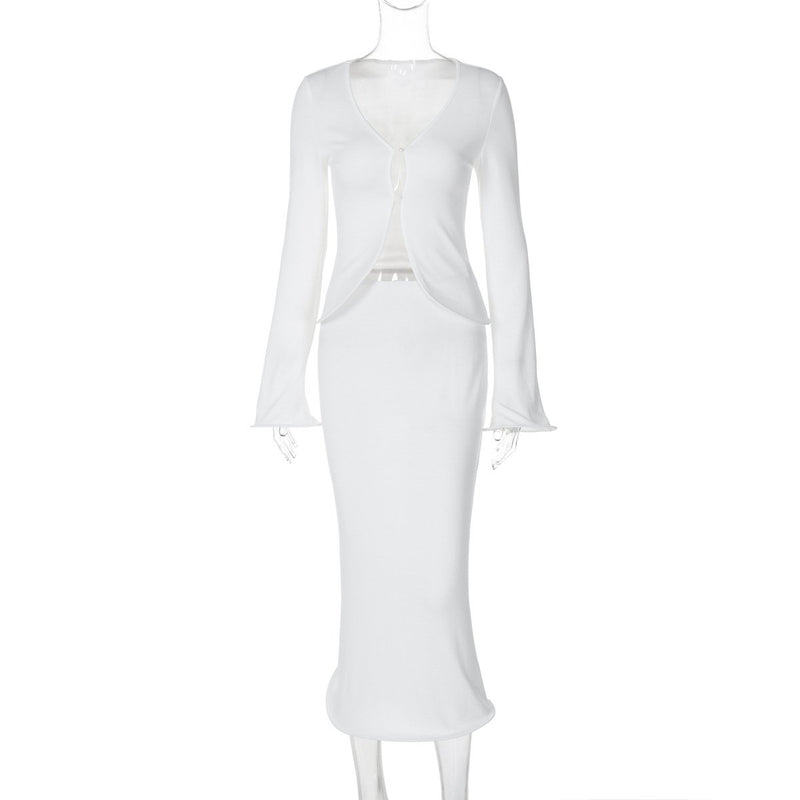 Long flared sleeve v neck button solid midi skirt set