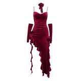 Robe midi en velours à volants et col en V avec appliques florales irrégulières 